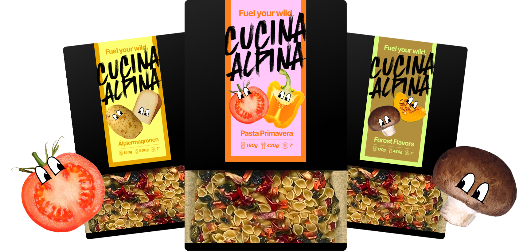 3 packshots of cucina alpina food